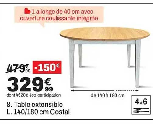 1 allonge de 40 cm avec ouverture coulissante intégrée