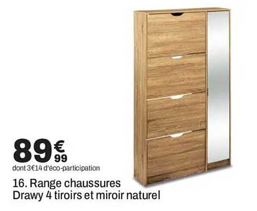16. Range chaussures Drawy 4 tiroirs et miroir naturel