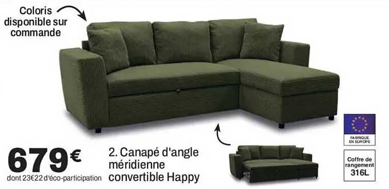 2. Canapé d'angle méridienne convertible Happy