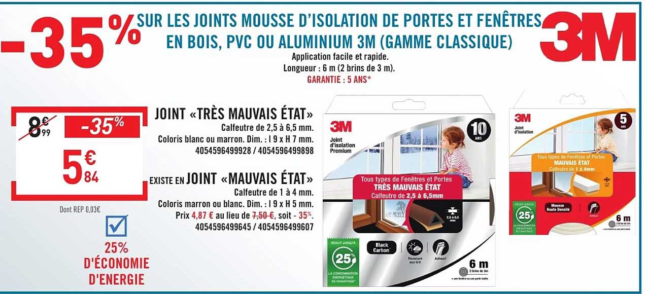 -35% sur les joints mousse d’isolation de portes et fenêtres en bois, PVC ou aluminium 3M (gamme classique)