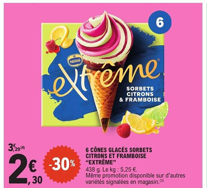 6 CÔNES GLACÉS SORBETS CITRONS ET FRAMBOISE “EXTRÊME”