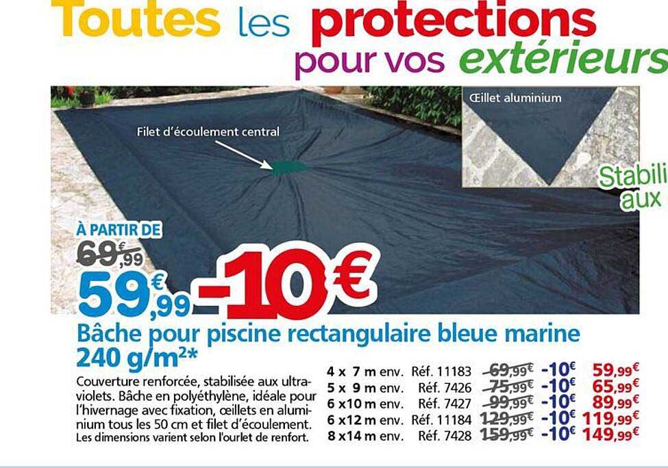 Bâche pour piscine rectangulaire bleue marine 240 g/m²*