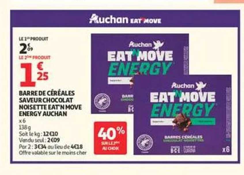 BARRE DE CÉRÉALES SAVEUR CHOCOLAT NOISETTE EAT'N MOVE ENERGY AUCHAN