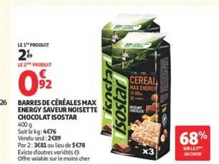 BARRES DE CÉRÉALES MAX ENERGY SAVEUR NOISETTE CHOCOLAT ISOSTAR