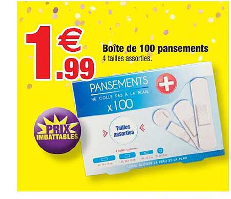 Boîte de 100 pansements 4 tailles assorties.