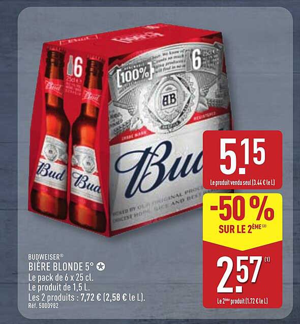 BUDWEISER® BIÈRE BLONDE 5° Le pack de 6 x 25 cl.