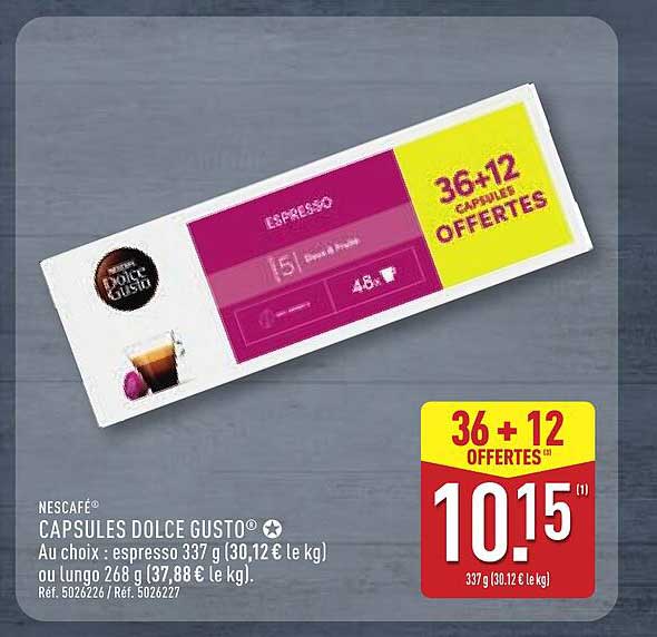 CAPSULES DOLCE GUSTO® AU CHOIX : espresso 337 g (30,12 € le kg) ou lungo 268 g (37,88 € le kg)
