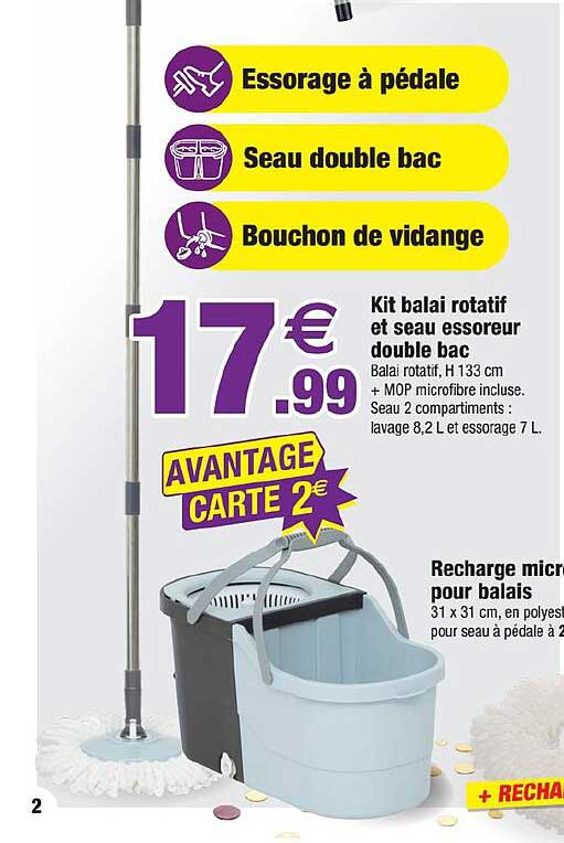 Kit balai rotatif et seau essoreur double bac