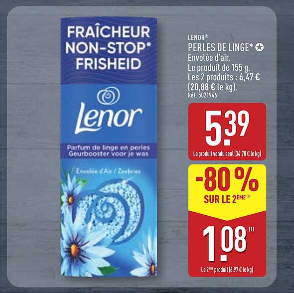 LENOR® PERLES DE LINGE* Enveloppé d’air. Le produit de 155 g. Les 2 produits : 6,47 € (20,88 € le kg).