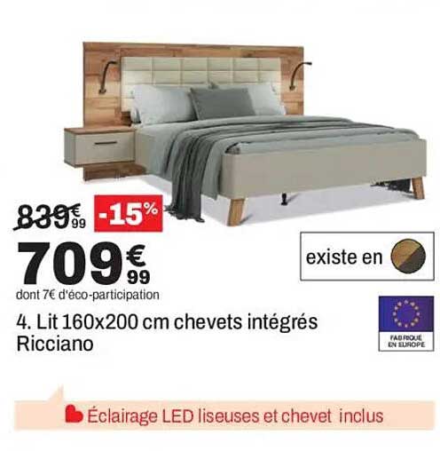 Lit 160x200 cm chevets intégrés Ricciano