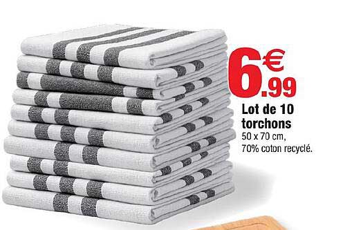 Lot de 10 torchons 50 x 70 cm, 70% coton recyclé.