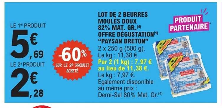 LOT DE 2 BEURRES MOULÉS DOUX 82% MAT. GR. OFFRE DÉGUSTATION “PAYSAN BRETON”