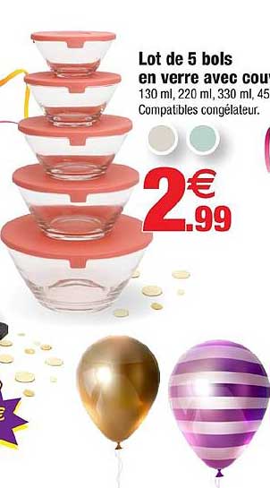 Lot de 5 bols en verre avec couvercles
