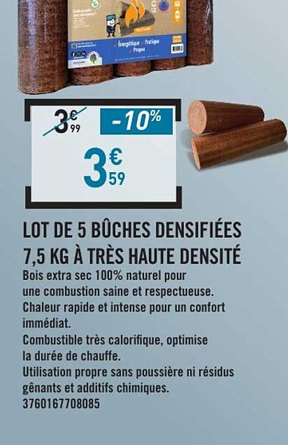 LOT DE 5 BÛCHES DENSIFIÉES 7,5 KG À TRÈS HAUTE DENSITÉ