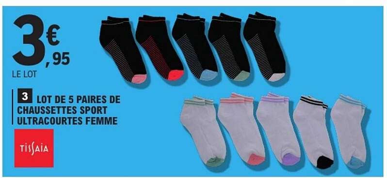 LOT DE 5 PAIRES DE CHAUSSETTES SPORT ULTRACOURTES FEMME