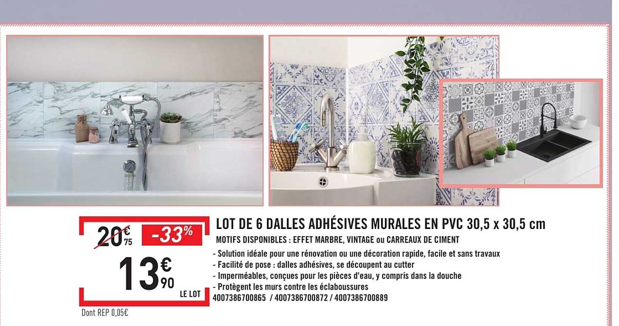 LOT DE 6 DALLES ADHÉSIVES MURALES EN PVC 30,5 x 30,5 cm