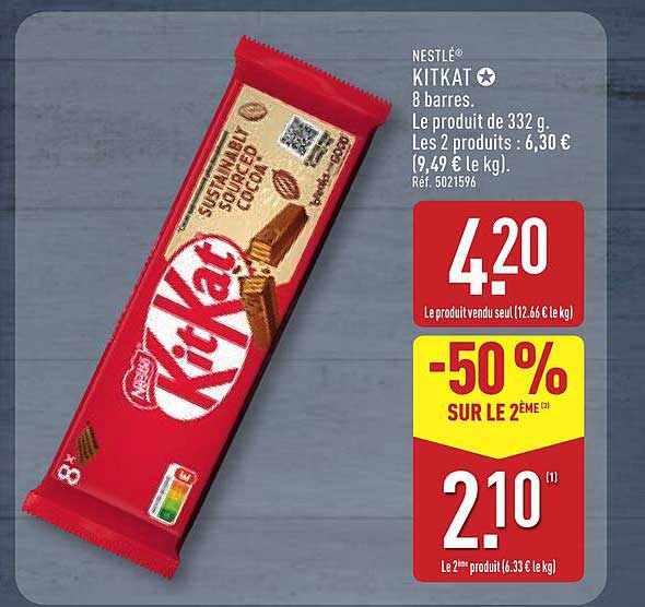 NESTLÉ KITKAT 8 barres. Le produit de 332 g. Les 2 produits : 6,30 € (9,49 € le kg).