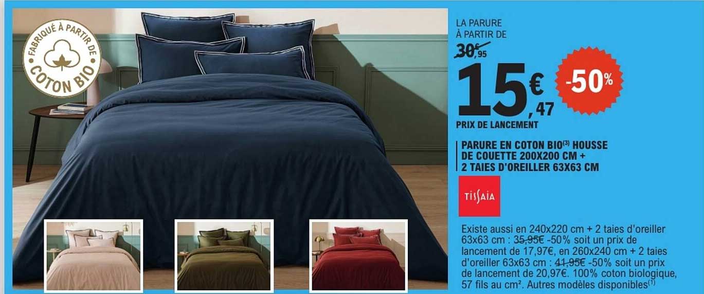 PARURE EN COTON BIO(3) HOUSSE DE COUETTE 200X200 CM + 2 TAIES D'OREILLER 63X63 CM