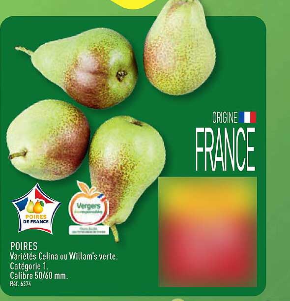 POIRES Variétés Celina ou William's verte. Catégorie 1. Calibre 50/60 mm.
