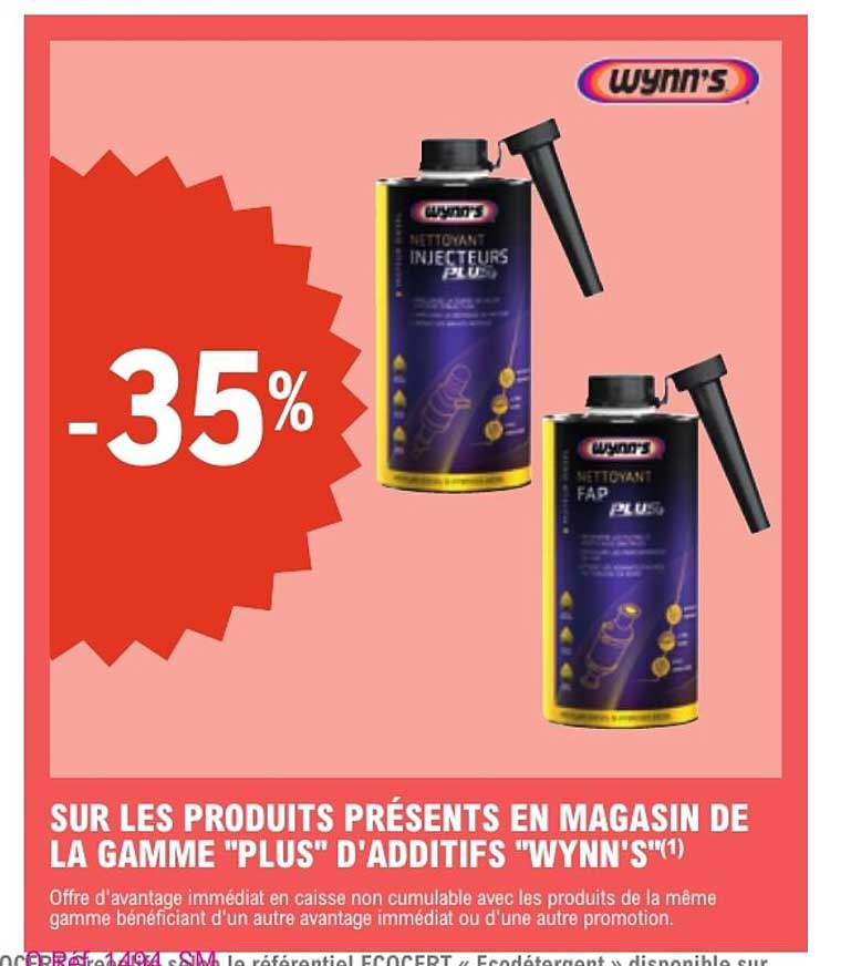 SUR LES PRODUITS PRÉSENTS EN MAGASIN DE LA GAMME "PLUS" D'ADDITIFS "WYNN'S"(1)