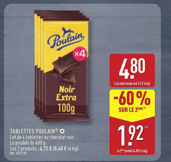 TABLETTES POULAIN® Lot de 4 tablettes au chocolat noir. Le produit de 400 g.