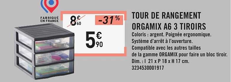 TOUR DE RANGEMENT ORGANIX A6 3 TIROIRS