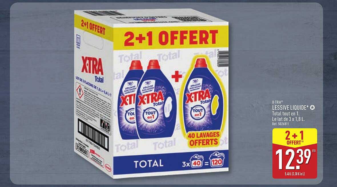 X-TRA LESSIVE LIQUIDE* Total tout en 1. Le lot de 3 x 1,8 L. Réf. 5026811