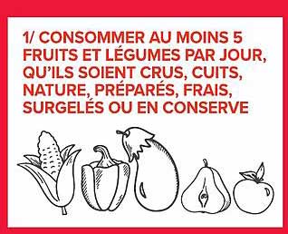 1/ CONSOMMER AU MOINS 5 FRUITS ET LEGUMES PAR JOUR, QU'ILS SOIENT CRUS, CUITS, NATURE, PRÉPARÉS, FRAIS, SURGELÉS OU EN CONSERVE