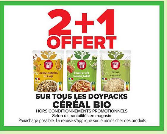 2+1 OFFERT SUR TOUS LES DOYPACKS CÉRÉAL BIO