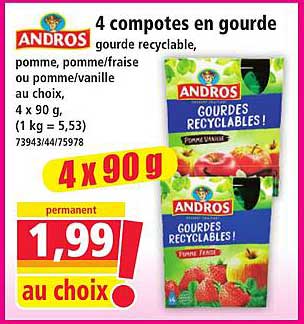 4 compotes en gourde gourde recyclable, pomme /pomme/fraise ou pomme/vanille au choix 4 x 90 g, (1 kg = 5,53)