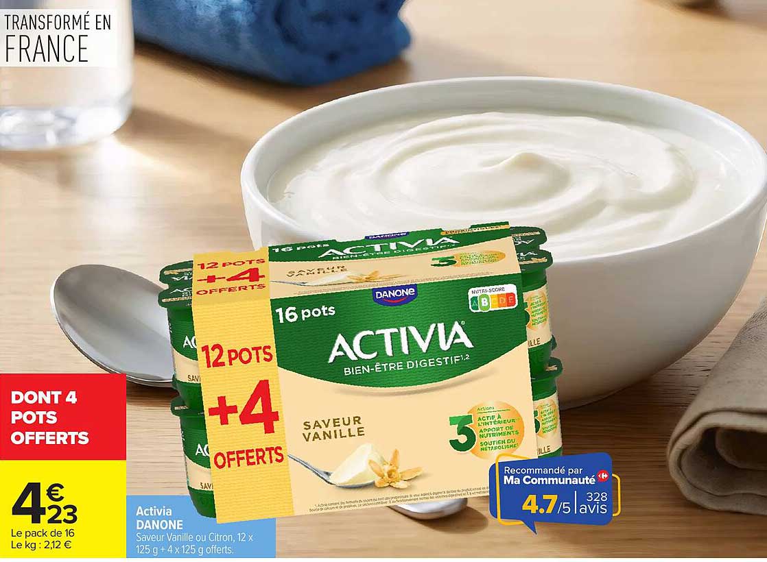 Activia Danone Saveur Vanille ou Citron, 12 x 125 g + 4 x 125 g offerts.