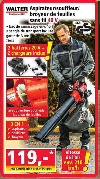 Aspirateur/souffleur/broyeur de feuilles sans fil 40 V