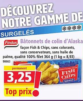 Bâtonnets de colin d'Alaska façon Fish & Chips, sans colorants, sans conservateurs, sans huile de palme, qualité 100% filet 364 g (1 kg = 8,93)