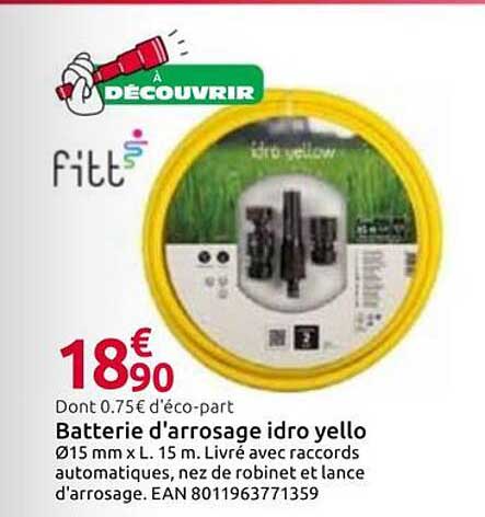 Batterie d'arrosage idro yello Ø15 mm x L. 15 m. Livré avec raccords automatiques, nez de robinet et lance d'arrosage. EAN 8011963771359