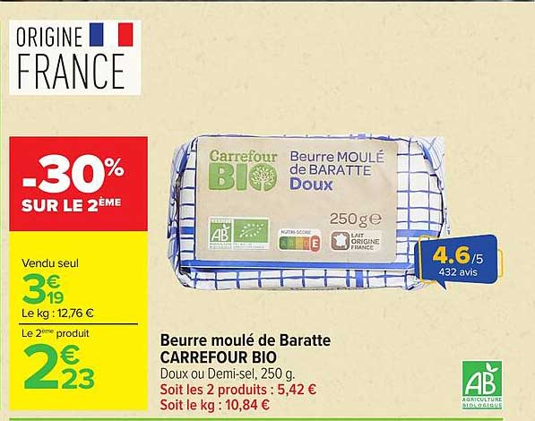 Beurre moulé de Baratte CARREFOUR BIO