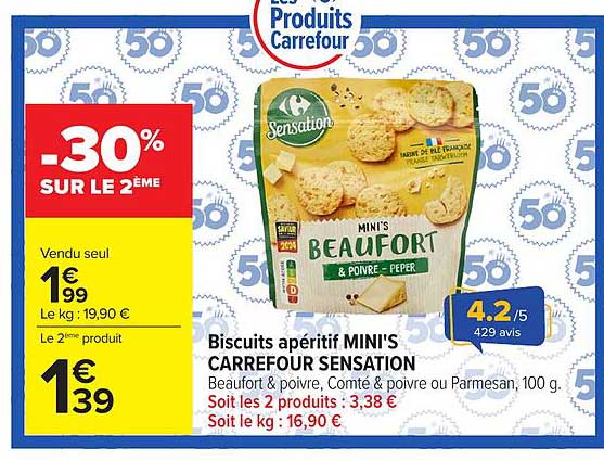 Biscuits apéritif MINI'S CARREFOUR SENSATION Beaufort & poivre, Comté & poivre ou Parmesan, 100 g
