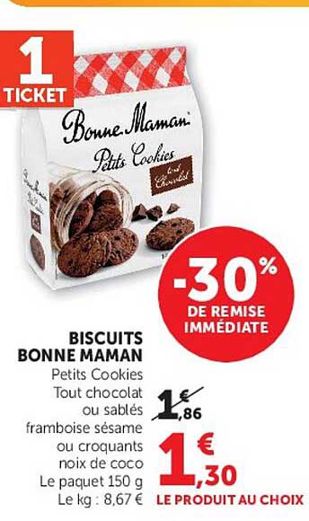 BISCUITS BONNE MAMAN Petits Cookies Tout chocolat ou sablés framboise sésame ou croquants noix de coco