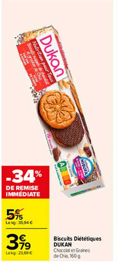 Biscuits Diététiques DUKAN Chocolat et Graines de Chia, 160 g