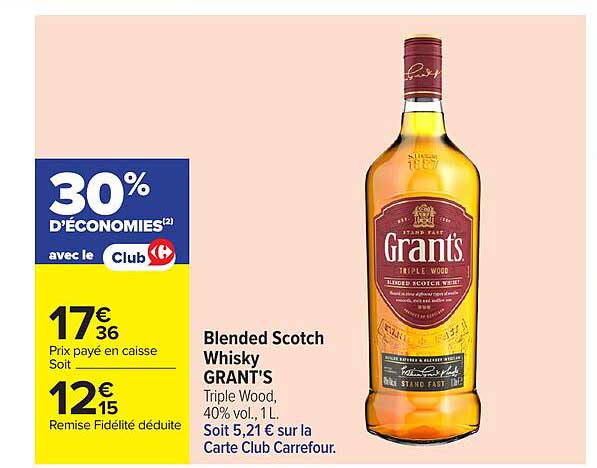 Blended Scotch Whisky GRANT'S Triple Wood, 40% vol., 1 L. 5,21 € sur la Carte Club Carrefour.
