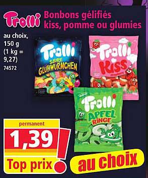 Bonbons gélifiés kiss, pomme ou glumies au choix, 150 g (1 kg = 9,27)