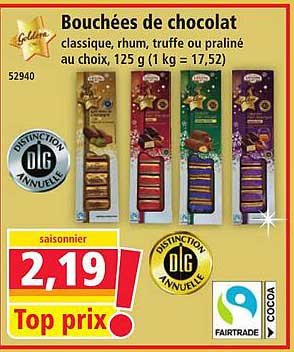 Bouchées de chocolat classique, rhum, truffe ou praliné au choix, 125 g (1 kg = 17.52)