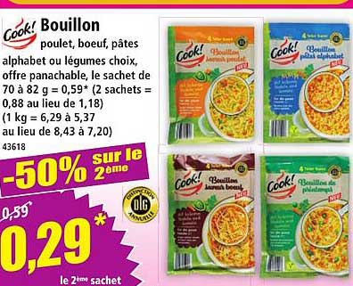 Bouillon poulet, boeuf, pâtes alphabet ou légumes choix, offre panachable, le sachet de 70 à 82 g