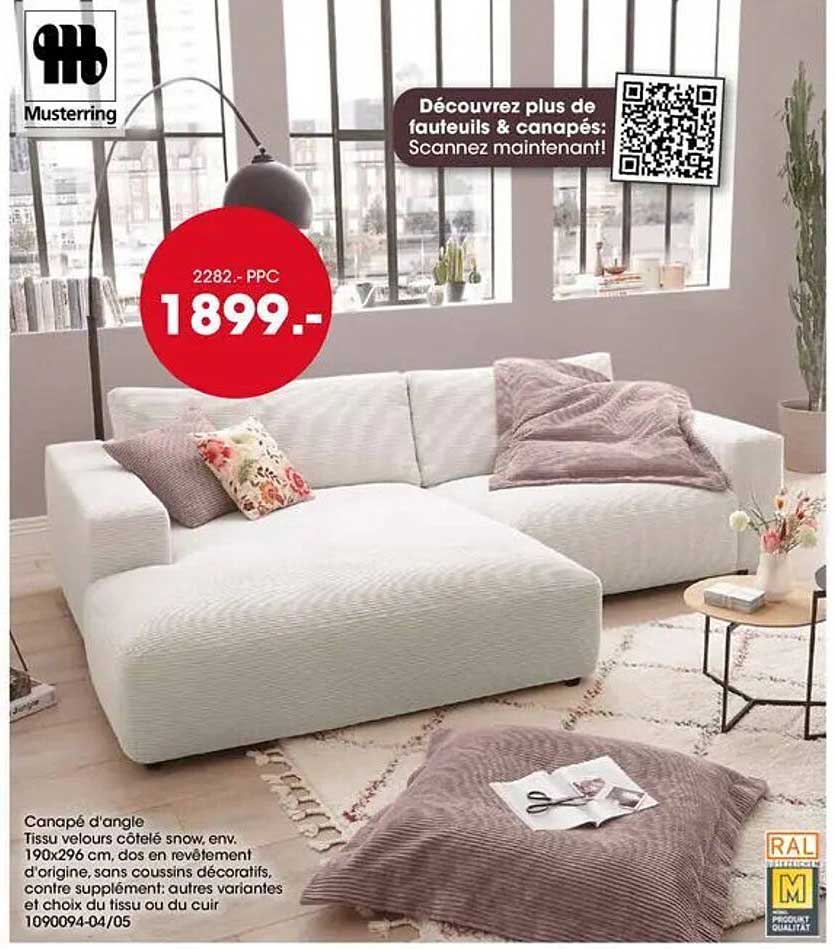 Canapé d'angle Tissu velours côtelé snow, env. 190x296 cm, dos en revêtement d'origine, sans coussins décoratifs, contre supplément: autres variantes et choix du tissu ou du cuir 109094-04/05