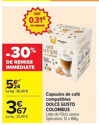 Capsules de café compatibles DOLCE GUSTO COLOMBUS Latte de l'Ours saveur Spéculoos, 12 x 168g.