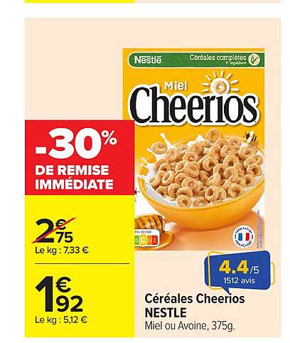 Céréales Cheerios NESTLE Miel ou Avoine, 375g.