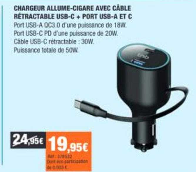 CHARGEUR ALLUME-CIGARE AVEC CÂBLE RÉTRACTABLE USB-C + PORT USB-A ET C