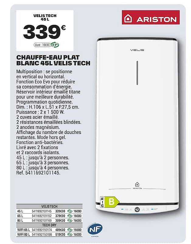 CHAUFFE-EAU PLAT BLANC 45L VELIS TECH