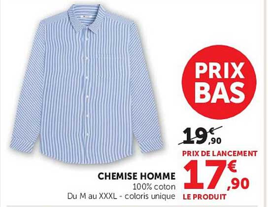 CHEMISE HOMME 100% coton Du M au XXXL - coloris unique