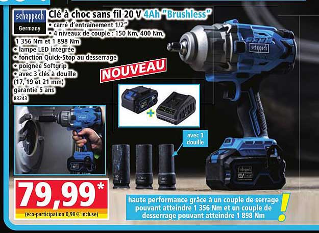 Clé à choc sans fil 20 V 4Ah “Brushless”