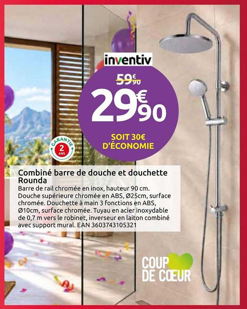 Combiné barre de douche et douchette Rounda